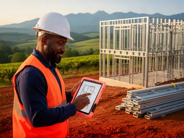 Builder in a hard hat and orange vest reviewing a floor plan on a tablet beside a steel-frame structure on red clay