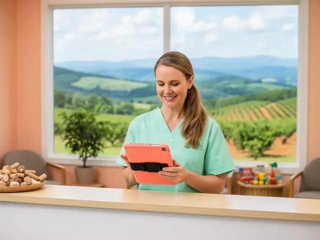 Office manager in mint scrubs smiling at a coral tablet at a clinic front desk with hills outside