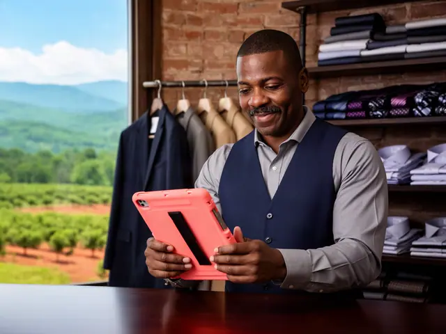 Menswear shop owner in a navy vest smiling at a coral tablet beside suits and folded shirts